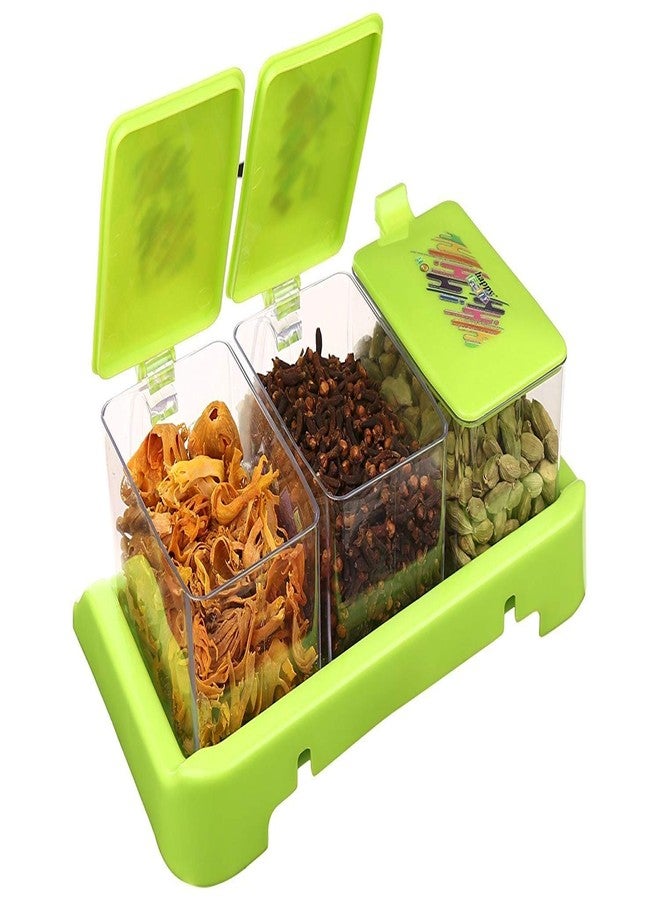 Nabhya Spice Rack Plastic Seasoning Box Set Kitchen Storage Jar Container With Spoon And Serving Tray - 500 ml Plastic Grocery Container - 500 ml Plastic Grocery Container (3 Piece Set, Green) - Image 1